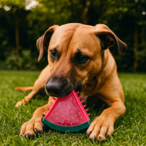 20250702_1344_Hund_mit_Wassermelonen-Spielzeug_remix_01jz5f6ednfk8ryec10p74qtzy.png Cooling Fruit dog chew toy